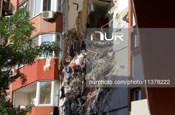 The apartment block hit by a Russian missile on June 28 is being seen during a response effort in Dnipro, Ukraine, on June 30, 2024. NO USE...