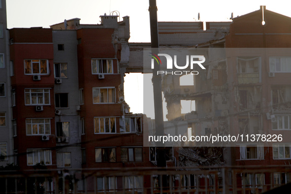 The apartment block hit by a Russian missile on June 28 is being seen during a response effort in Dnipro, Ukraine, on June 30, 2024. NO USE...