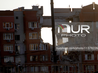 The apartment block hit by a Russian missile on June 28 is being seen during a response effort in Dnipro, Ukraine, on June 30, 2024. NO USE...