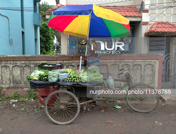 A roadside vegetable seller is adjusting an umbrella during the rainy season in Kolkata, India, on July 2, 2024. 