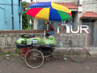 A roadside vegetable seller is adjusting an umbrella during the rainy season in Kolkata, India, on July 2, 2024. (