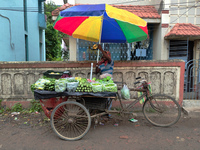 A roadside vegetable seller is adjusting an umbrella during the rainy season in Kolkata, India, on July 2, 2024. (