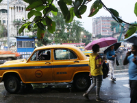 People are holding umbrellas and walking on a busy road in the monsoon rain in Kolkata, India, on July 2, 2024. (