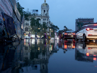 A busy road is becoming waterlogged during the monsoon rain in Kolkata, India, on July 2, 2024. (