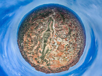 An aerial photo is showing the Danxia landform group in Xinghua village, Lanzhou city, northwest China's Gansu province, in Lanzhou, China,...