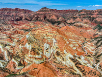 An aerial photo is showing the Danxia landform group in Xinghua village, Lanzhou city, northwest China's Gansu province, in Lanzhou, China,...