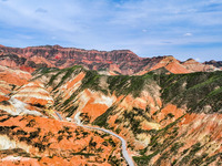 An aerial photo is showing the Danxia landform group in Xinghua village, Lanzhou city, northwest China's Gansu province, in Lanzhou, China,...