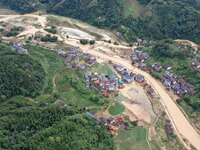 An aerial photo is showing Si 'an village after a flood in Rongan county, Liuzhou, China, on July 2, 2024, in South China's Guangxi Zhuang A...