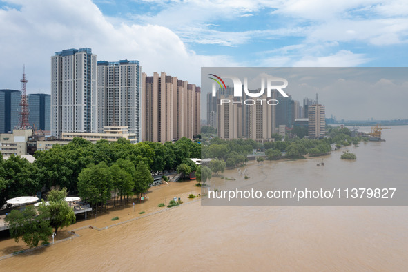 Water is rising in the Nanjing section of the Yangtze River in Nanjing, China, on July 3, 2024. 