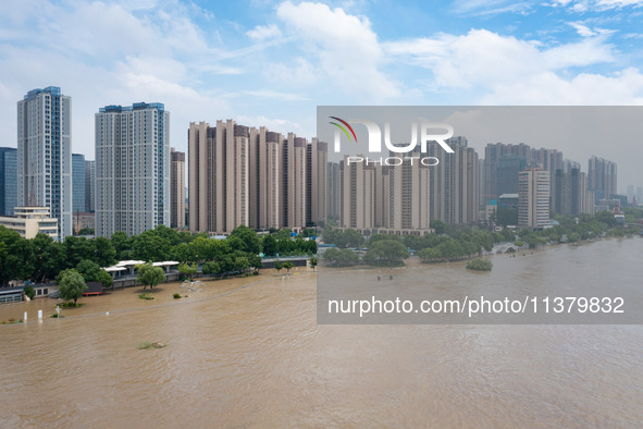 Water is rising in the Nanjing section of the Yangtze River in Nanjing, China, on July 3, 2024. 