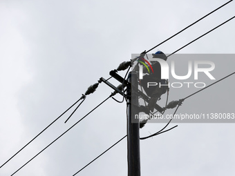 Electric power workers are repairing a power supply line at a pole in Si'an village, Rongan county, Liuzhou city, South China's Guangxi Zhua...