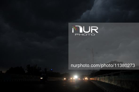 Monsoon rain clouds hover in the sky before a downpour in Bhubaneswar, the capital city of Odisha, an eastern Indian state. The monsoon has...