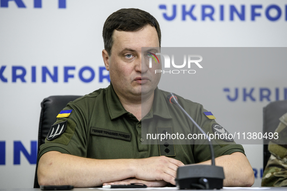 Andriy Yusov is speaking during a press conference in Kyiv, Ukraine, on July 3, 2024. The press conference is focusing on the DIU's special...