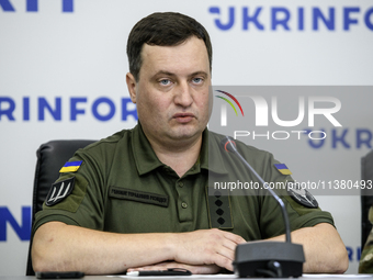 Andriy Yusov is speaking during a press conference in Kyiv, Ukraine, on July 3, 2024. The press conference is focusing on the DIU's special...