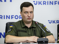 Andriy Yusov is speaking during a press conference in Kyiv, Ukraine, on July 3, 2024. The press conference is focusing on the DIU's special...