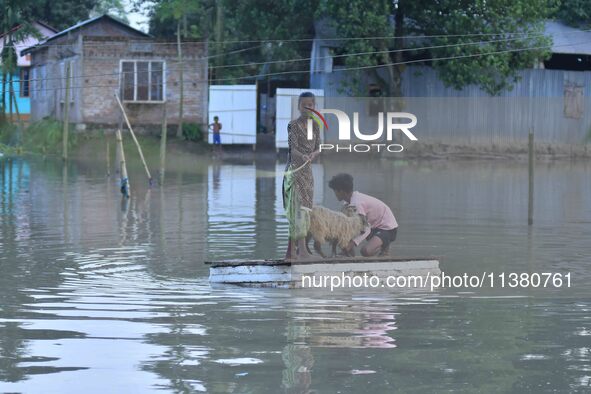 A boy is using a raft in the flood-affected Mayong village in Morigaon district, Assam, India, on July 3, 2024. 