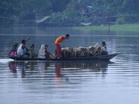 Indian villagers are traveling on a boat through a flooded village in Morigaon District of Assam, India, on July 3, 2024. (