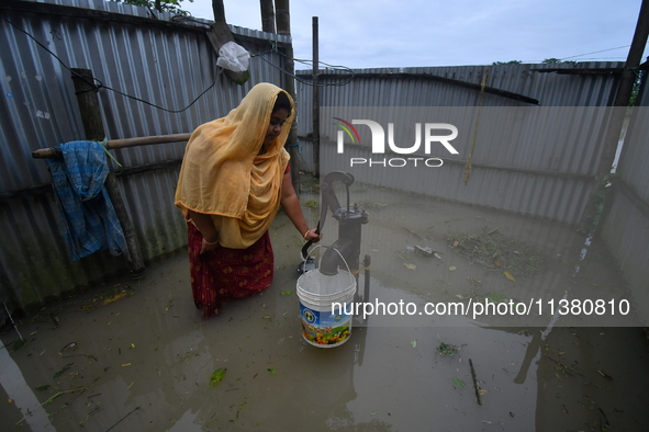 A woman is fetching water from a partially submerged hand pump in a flood-affected village in Nagaon district of Assam, India, on July 2, 20...