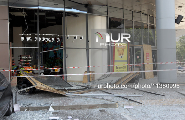 A shopping mall is being damaged by the Russian missile strike in Dnipro, Ukraine, on July 3, 2024. At least five people are being killed an...