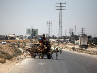 A Palestinian man is using a donkey cart to transport firewood on Salah El Din Street in Deir al-Balah in the central Gaza Strip on July 3,...