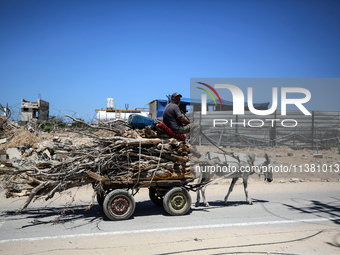 A Palestinian man is using a donkey cart to transport firewood on Salah El Din Street in Deir al-Balah in the central Gaza Strip on July 3,...