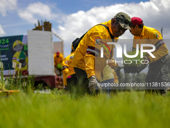 Workers of the Heroic Brigade Corps are planting containers with different varieties of plants during the ''Green Challenge 2024,'' which ai...