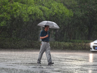 A citizen is walking in the rain in Fuyang, China, on July 4, 2024. On the same day, Anhui Fuyang city is suffering heavy rain. (