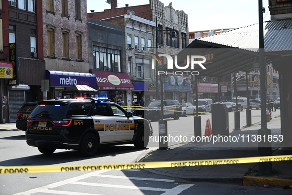 Paterson police are investigating the crime scene. Two people are being shot in Paterson, New Jersey, United States, on July 3, 2024, Wednes...