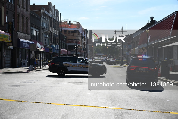 Paterson police are investigating the crime scene. Two people are being shot in Paterson, New Jersey, United States, on July 3, 2024, Wednes...