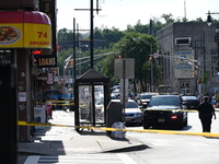 Paterson police are investigating the crime scene. Two people are being shot in Paterson, New Jersey, United States, on July 3, 2024, Wednes...