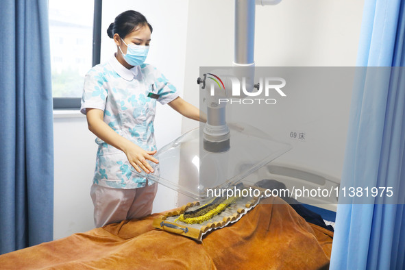 A doctor in the department of acupuncture and massage at a traditional Chinese medicine hospital is giving a person a moxibustion to help hi...