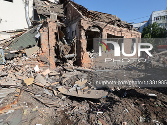 A building in a residential area is being destroyed by the Russian glide bomb attack in Kharkiv, Ukraine, on July 3, 2024. At about 4 pm on...