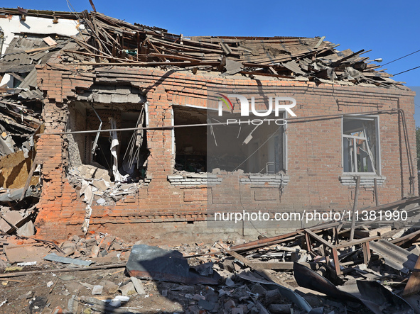 A building in a residential area is being destroyed by the Russian glide bomb attack in Kharkiv, Ukraine, on July 3, 2024. At about 4 pm on...