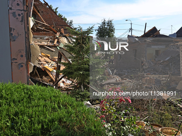 Buildings in a residential area are being destroyed by the Russian glide bomb attack in Kharkiv, Ukraine, on July 3, 2024. At about 4 pm on...