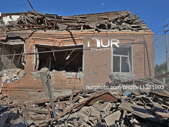 A building in a residential area is being destroyed by the Russian glide bomb attack in Kharkiv, Ukraine, on July 3, 2024. At about 4 pm on...