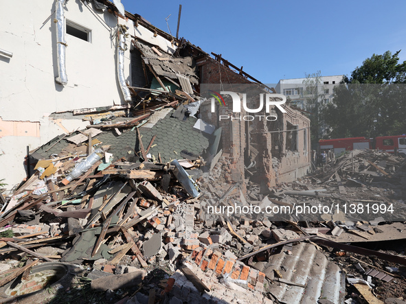 A building in a residential area is being destroyed by the Russian glide bomb attack in Kharkiv, Ukraine, on July 3, 2024. At about 4 pm on...