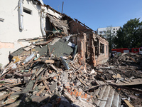 A building in a residential area is being destroyed by the Russian glide bomb attack in Kharkiv, Ukraine, on July 3, 2024. At about 4 pm on...