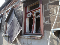 A broken window is in a house destroyed by the Russian glide bomb attack in Kharkiv, Ukraine, on July 3, 2024. At about 4 pm on Wednesday, J...