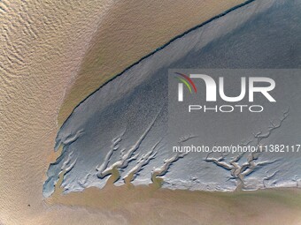 A landscape shaped like a tidal tree is being seen on the sea flat after the ebb tide in Tiaozini wetland in Yancheng, China, on July 3, 202...