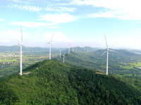 Wind turbines are operating at Chaohu Guanhu Wind Farm in Hualin town, Chaohu city, Anhui province, China, on July 3, 2024. (