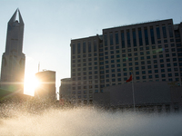 A water fountain from the People's Square is being seen in Shanghai, China, on July 4, 2024, as the temperature is reaching 39 degrees Celsi...