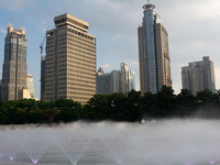 A water fountain from the People's Square is being seen in Shanghai, China, on July 4, 2024, as the temperature is reaching 39 degrees Celsi...