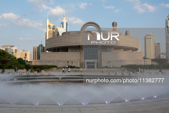 A water fountain from the People's Square is being seen in Shanghai, China, on July 4, 2024, as the temperature is reaching 39 degrees Celsi...