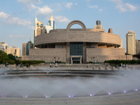 A water fountain from the People's Square is being seen in Shanghai, China, on July 4, 2024, as the temperature is reaching 39 degrees Celsi...