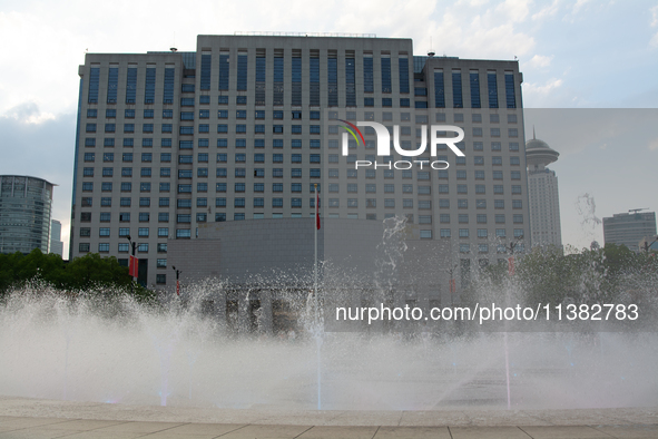 A water fountain from the People's Square is being seen in Shanghai, China, on July 4, 2024, as the temperature is reaching 39 degrees Celsi...