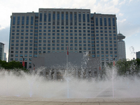 A water fountain from the People's Square is being seen in Shanghai, China, on July 4, 2024, as the temperature is reaching 39 degrees Celsi...