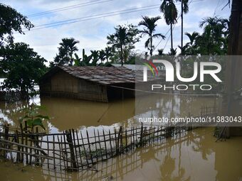 A partially submerged hut is being seen after heavy rainfall in Hojai District of Assam, India, on July 5, 2024. (