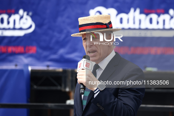 George Shea hosts Nathan's Famous Hot Dogs Eating Contest which takes place annually at Coney Island on Independence Day in New York, United...