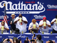 Contestants attend lemonade drinking contest during Nathan's Famous Hot Dogs Eating Contest which takes place annually at Coney Island on In...