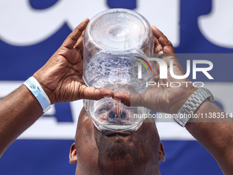 Contestants attend lemonade drinking contest during Nathan's Famous Hot Dogs Eating Contest which takes place annually at Coney Island on In...